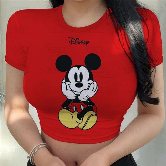 Ropa de fiesta para mujer, camiseta Sexy para mujer, Top corto ajustado con estampado Y2k, blusas ajustadas de moda 2022, camisetas de Mickey, Minnie Mouse 3XL